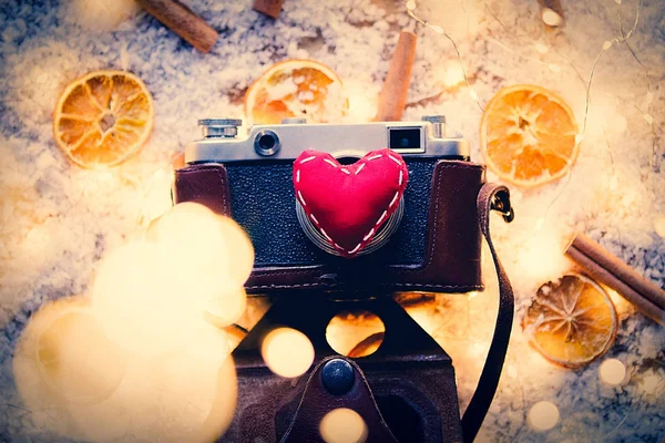 Fotocamera vintage e limoni con cannella — Foto Stock