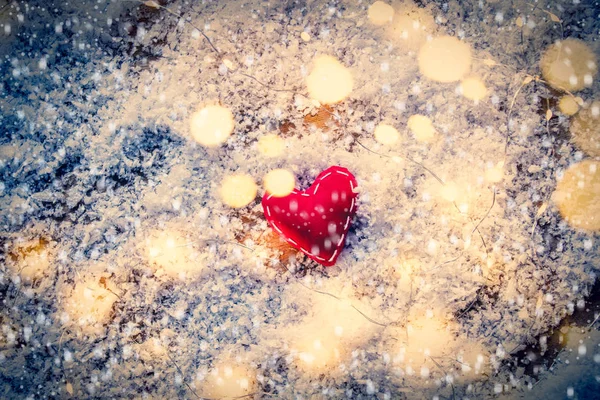 背景雪上的心形玩具和仙女灯 — 图库照片