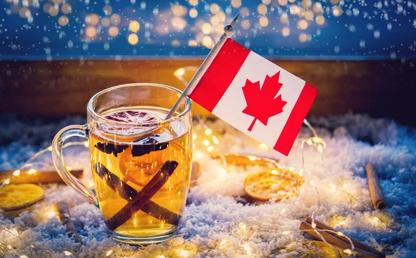 Cup Tea Flag Canada Snow Fairy Lights Background Christmas Time — Stock Photo, Image