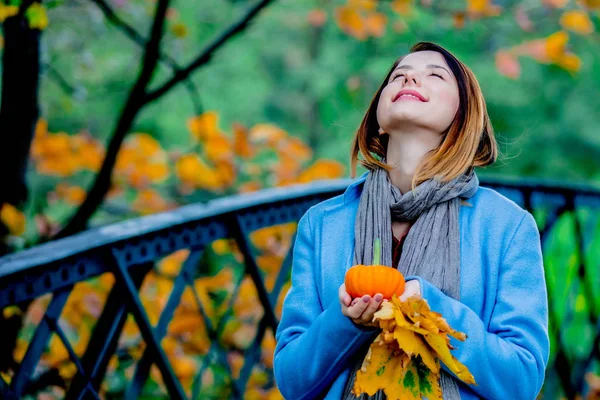 Žena držící žluté maple tree listy a dýňový v podzimní park — Stock fotografie