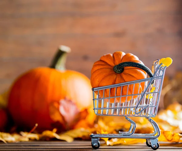 Feuilles d'érable et citrouilles avec chariot de supermarché — Photo