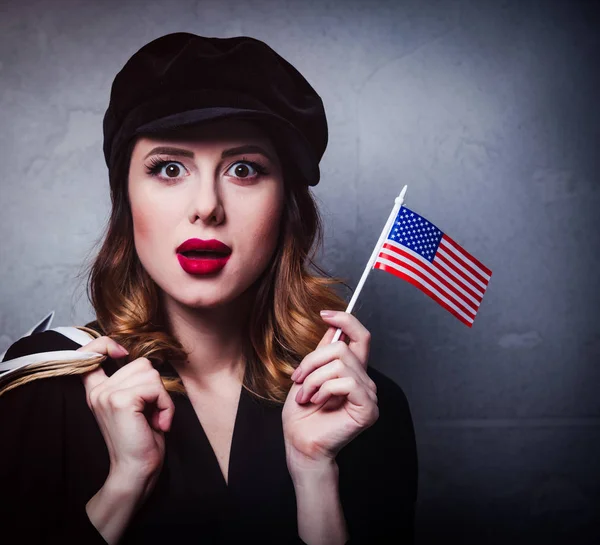 Style Redhead Girl Hat Shopping Bags Flag United States America — Stock Photo, Image