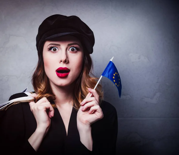 Estilo Chica Pelirroja Sombrero Con Bolsas Compra Bandera Europa Unión —  Fotos de Stock