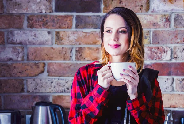 Portrait Young Woman Cup Tea Coffee Standing Kitchen Red Shirt — Stock Photo, Image