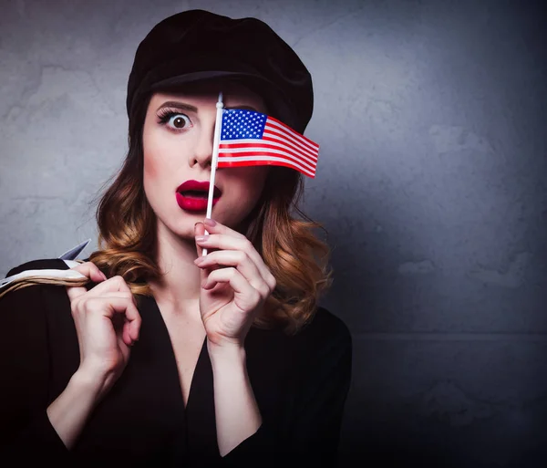 Style Redhead Girl Hat Shopping Bags Flag United States America — Stock Photo, Image