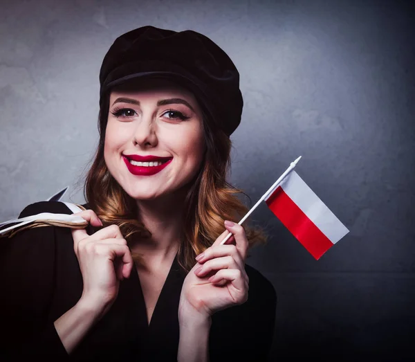 Chica Pelirroja Estilo Sombrero Con Bolsas Compras Bandera Polonia Sobre — Foto de Stock