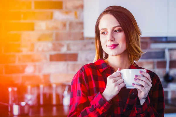 Portrait Young Woman Cup Tea Coffee Standing Kitchen Red Shirt — Stock Photo, Image