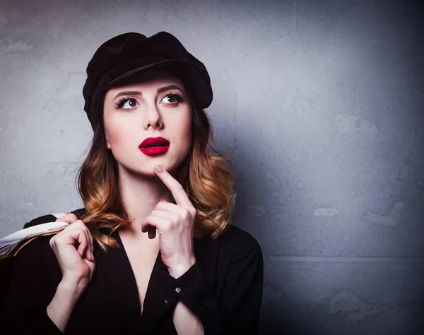 Style Redhead Girl Hat Shopping Bags Grey Background — Stock Photo, Image