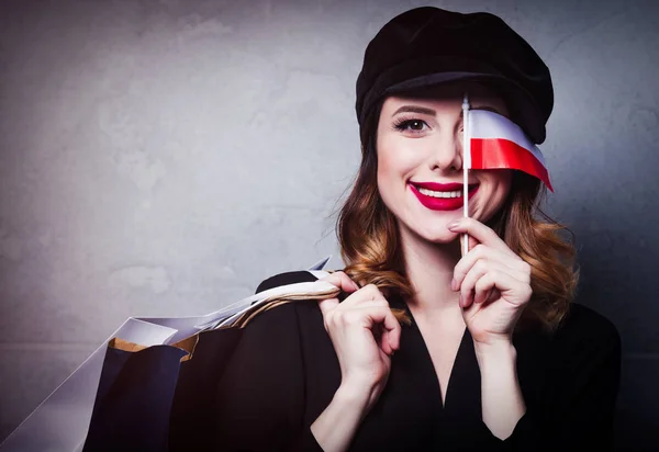 Chica Pelirroja Estilo Sombrero Con Bolsas Compras Bandera Polonia Sobre —  Fotos de Stock