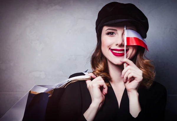 Style Fille Rousse Dans Chapeau Avec Des Sacs Provisions Drapeau — Photo