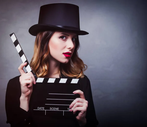 Style Mystique Redhead Girl Top Hat Movie Clapperboard Grey Background — Stock Photo, Image