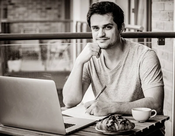 Handsome Young Manager Working Laptop While Sitting Outdoors Home Concept — Stock Photo, Image