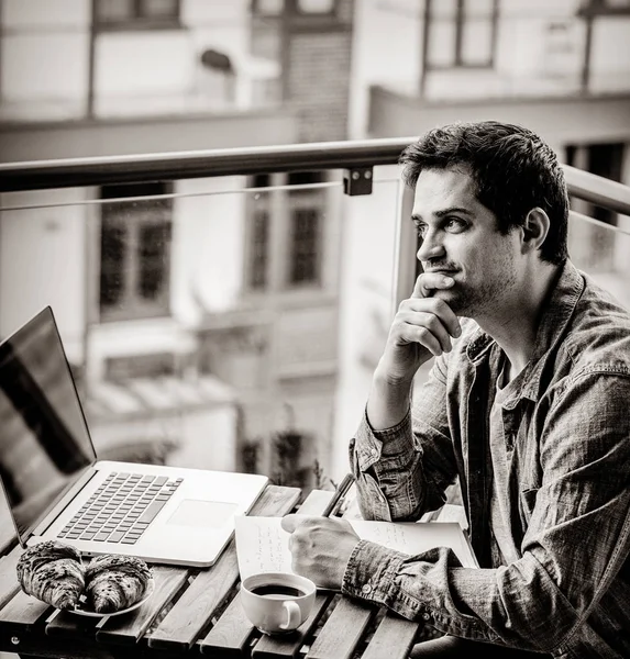 Handsome Young Manager Working Laptop While Sitting Outdoors Home Concept — Stock Photo, Image