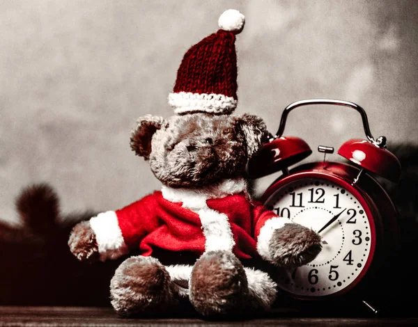 Christmas Gift Bowknot Retro Alarm Clock Teddy Bear Grey Background — Stock Photo, Image