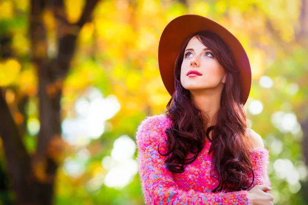 Brunet Meisje Roze Trui Herfst Seizoen Tijd Park — Stockfoto