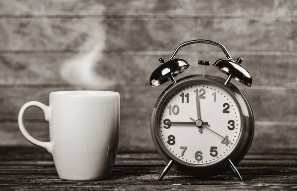 Cup Coffee Alarm Clock Wooden Table Image Black White Color — Stock Photo, Image