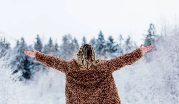 Vacker flicka i pälsen i en snö skog — Stockfoto