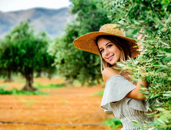 Kız Yunan Zeytin bahçesinde bir istirahat var — Stok fotoğraf