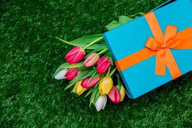 mavi hediye kutusu ve lale yeşil çim çimen
