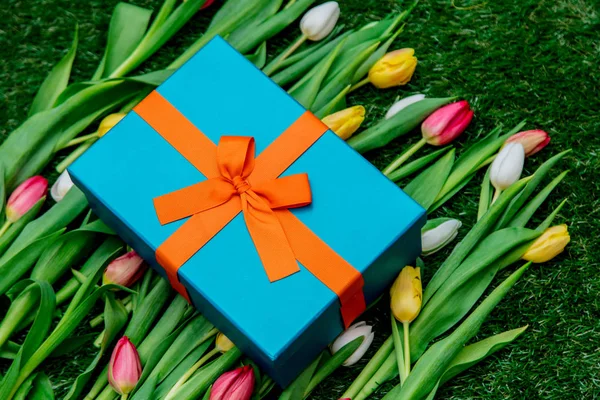 Mavi hediye kutusu ve lale yeşil çim çimen — Stok fotoğraf