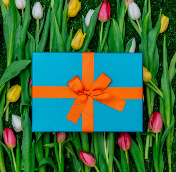 Boîte cadeau bleu et tulipes sur pelouse herbe verte — Photo