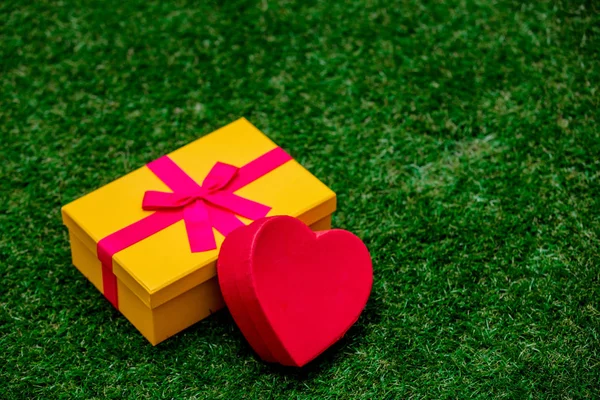 Dárková krabice s růžovou mašlí a srdce tvar na zelené trávě trávníku — Stock fotografie