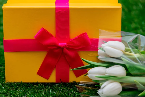 Coffret cadeau avec arc rose et tulipes sur gazon vert — Photo