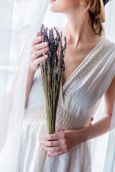 Woman White Dress Holding Lavender Hands Stay Window Image High — Stock Photo, Image