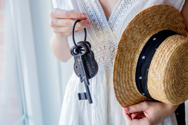 Woman Holding Old Key Lock Hands Stay Window Natural Light — Stock Photo, Image
