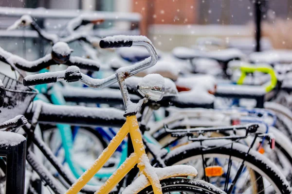 Styl Piękny Rower Śniegu Wysokie Opady Śniegu Europie — Zdjęcie stockowe