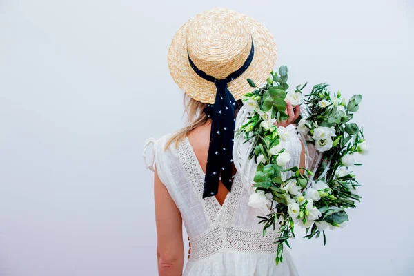 Beautiful woman with white roses wreath on white background — Stock Photo, Image