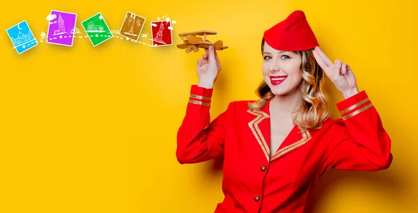 Portrait Charming Vintage Stewardess Wearing Red Uniform Wooden Airplane Isolated — Stock Photo, Image