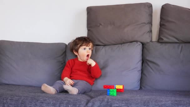 Legrační malý chlapec sedí na pohovce v červený svetr — Stock video