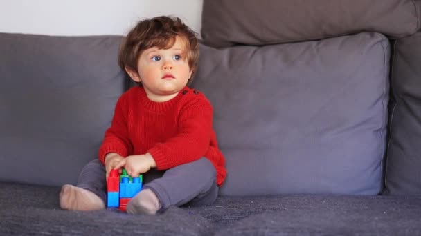 Divertido niño sentado en el sofá en suéter rojo — Vídeos de Stock