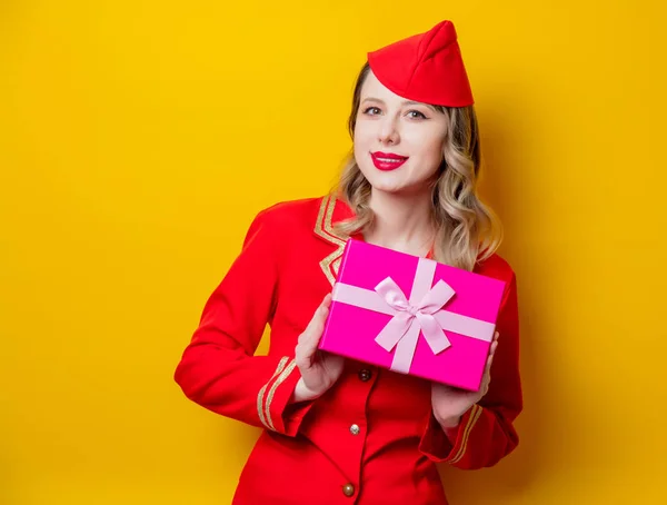 Portrait Charming Vintage Stewardess Wearing Red Uniform Holiday Gfit Box — Stock Photo, Image