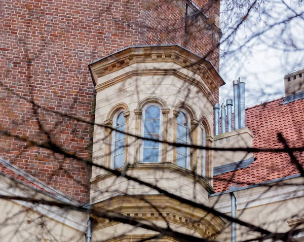 Pohled na historických budov a windows skrze větve stromů — Stock fotografie