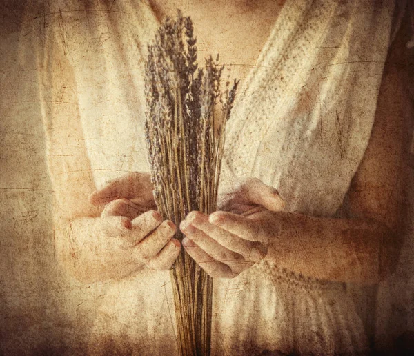 Woman in white dress holding lavender near window — Stock Photo, Image