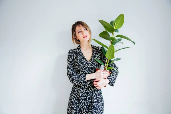 Mooie vrouw in trendy jurk met plant in een pot — Stockfoto