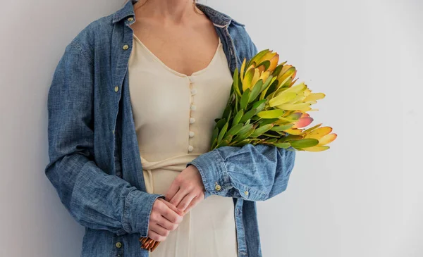 Weibliche Hände halten Blumenstrauß mit Leukadendron — Stockfoto