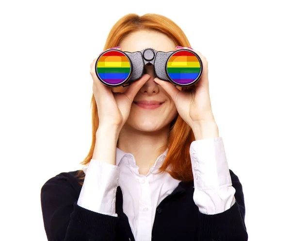 Obchodní žena hledá s dalekohled. Rainbow Lgbt — Stock fotografie