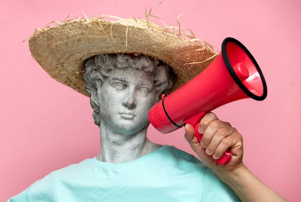 Antique Bust Male Hat Red Megaphone Pink Background Ready Summer — Stock Photo, Image