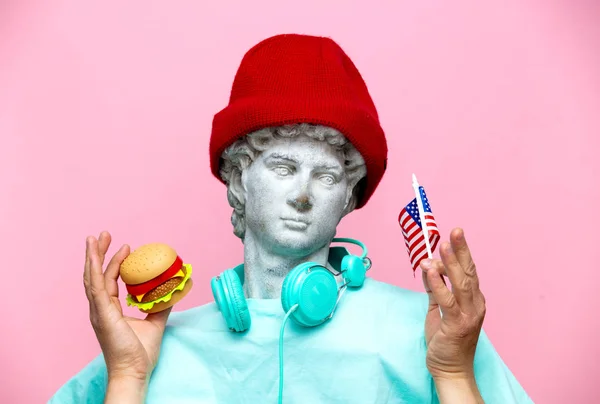 Antique Bust Male Hat Usa Flag Hamburger Pink Background Ready — Stock Photo, Image