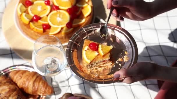 Kvinna Picknick Paj Glas Och Flaska Vatten Rutig Trasa Gräs — Stockvideo