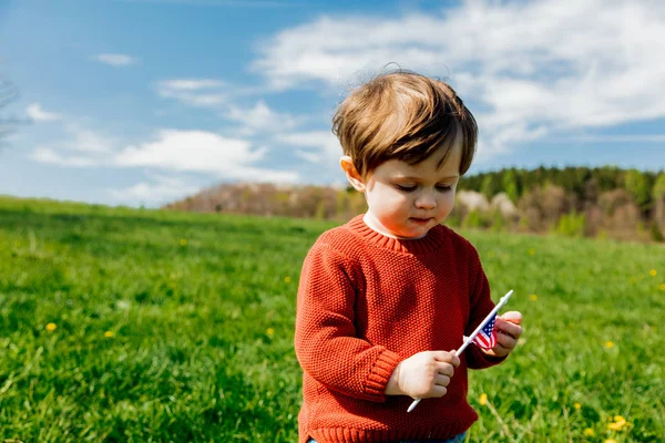 Pequeño niño en suéter rojo en el prado de primavera —  Fotos de Stock