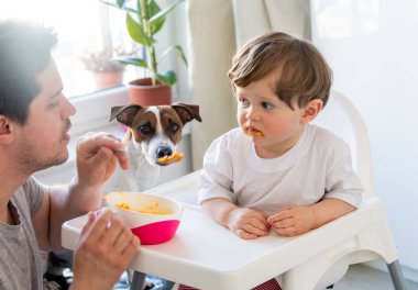 Küçük bir çocuğu kaşıkla ve köpekle besleyen genç bir baba. 