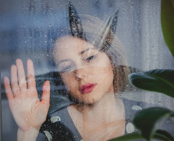 Junge traurige Frau am nassen Fenster, nachdem der Regen den Ficus verpasst — Stockfoto