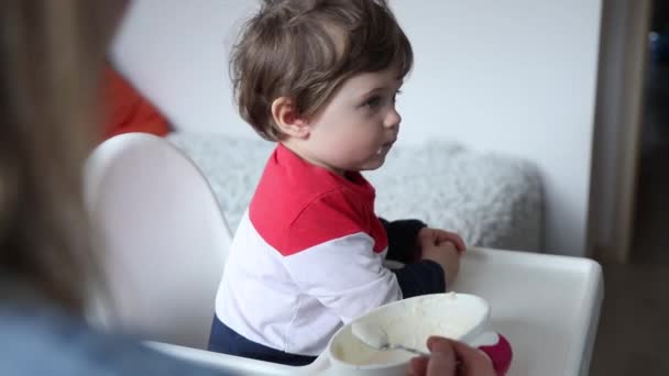 Evde Beslenme Sırasında Bir Sandalyede Oturan Küçük Yürümeye Başlayan Çocuk — Stok video