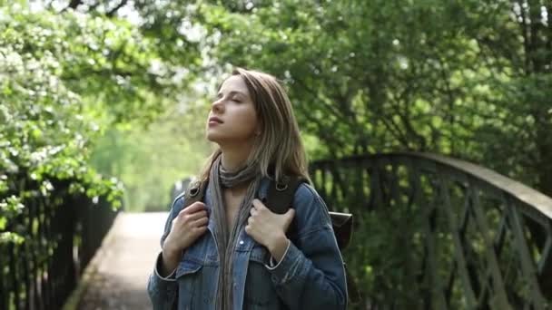 Young Woman Backpack Mixed Forest Beskidy Poland Spring Time — Stok video