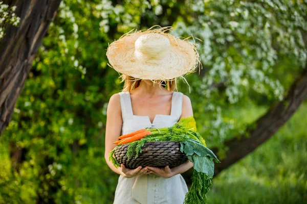 Jeune femme avec panier de légumes au printemps en plein air — Photo