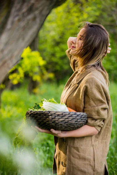 リンゴと野菜のバスケットを持つ若い女性は — ストック写真